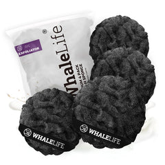 WhaleLife Esponja de lufa doble capa negra, pack 4, exfolia suavemente y enriquece la rutina diaria.