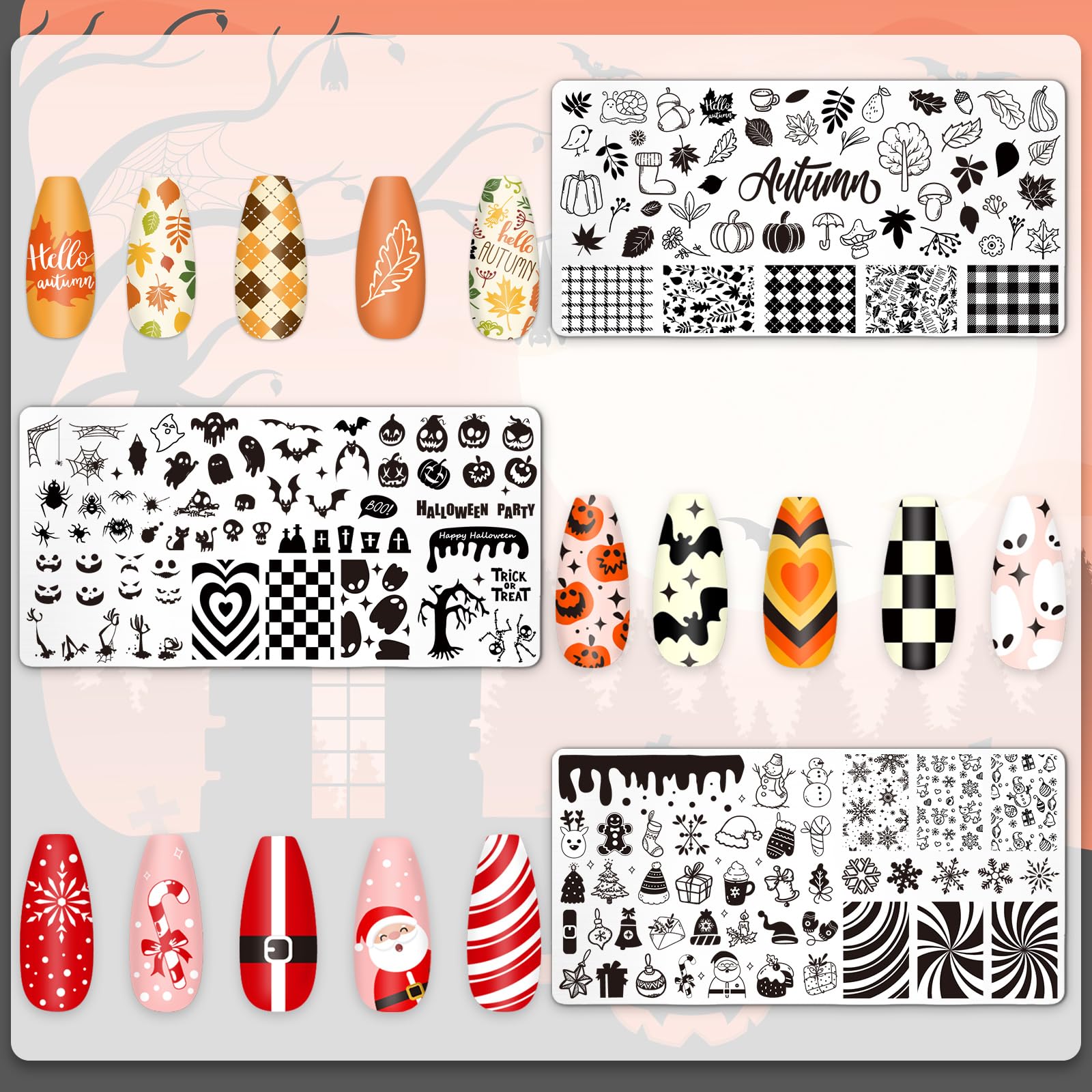 Whaline placas de uñas con hojas de arce y copos de nieve para temporada fría.
