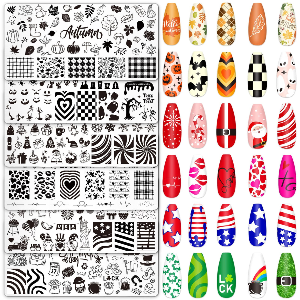 Whaline placas de uñas con motivos de Navidad y corazones para un look festivo.