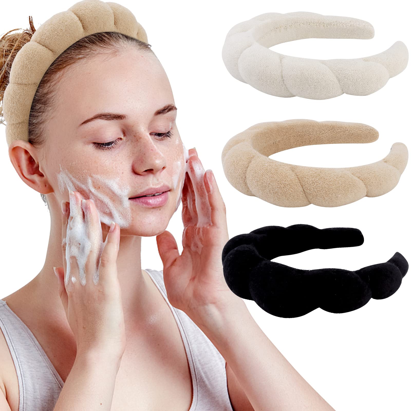 WHAVEL banda spa para cabello color caqui, ideal para mantener el cabello recogido durante la limpieza facial.