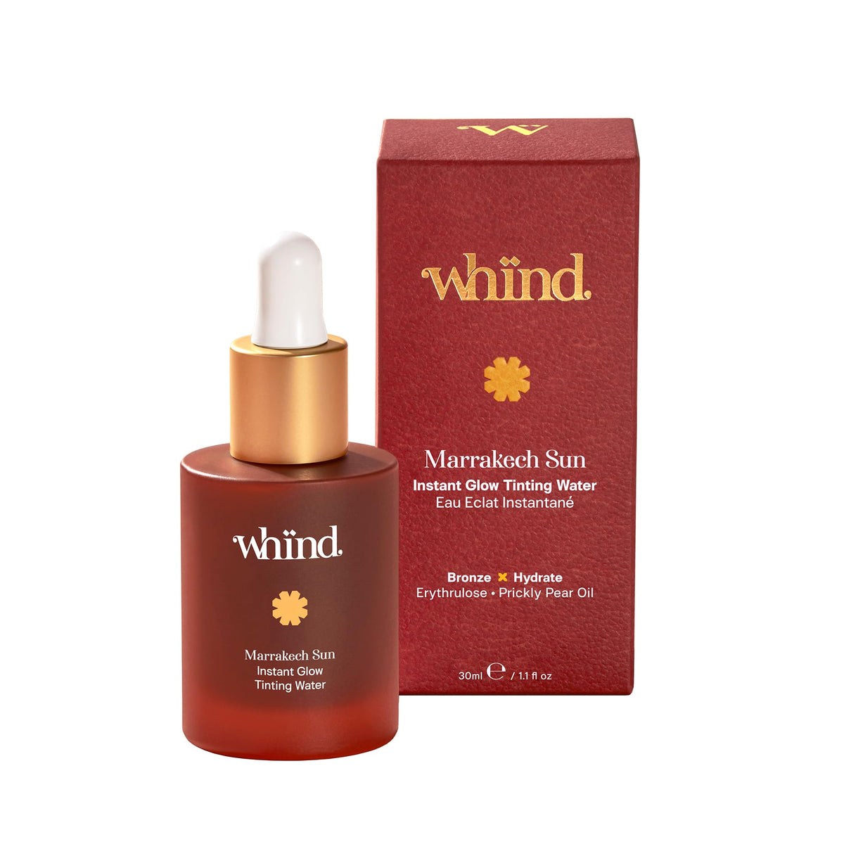 WHIND Marrakech Sun Tinting Water, botella frontal, bronceado natural con hidratación suave.
