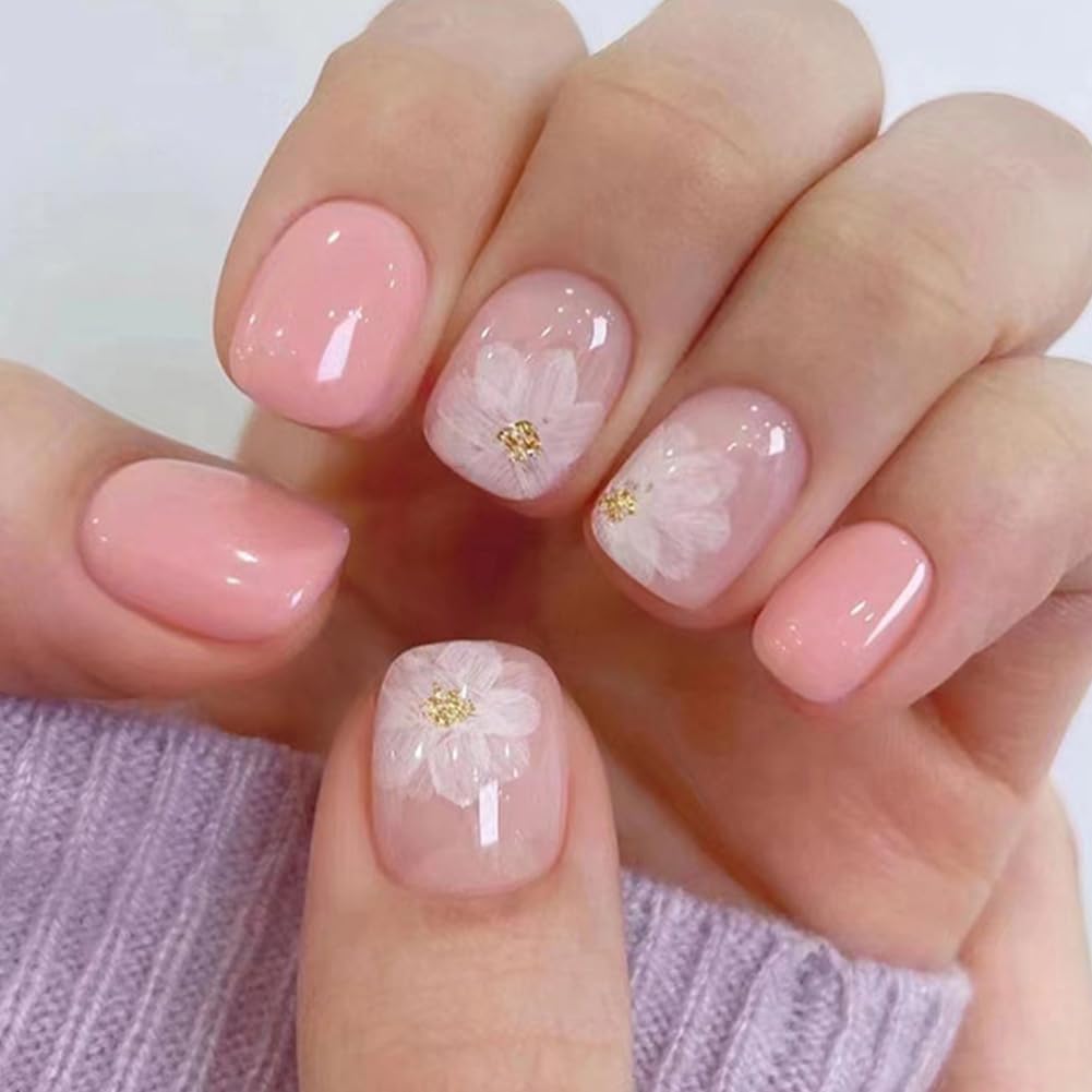 Whiosyrt uñas acrílicas cortas rosa brillante con diseño Camelia Helada para estilos diarios