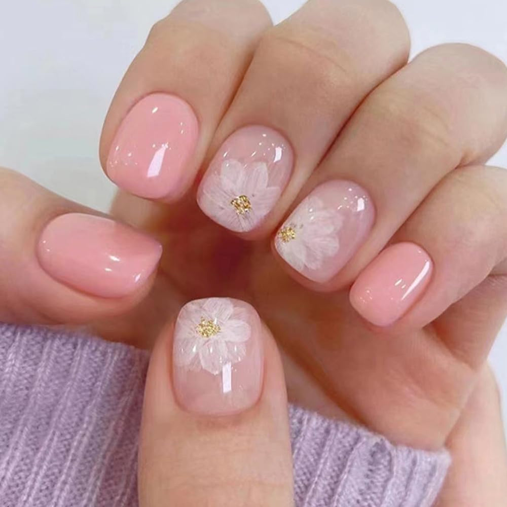 Whiosyrt uñas acrílicas cortas rosa brillante con diseño Camelia Helada para estilos diarios