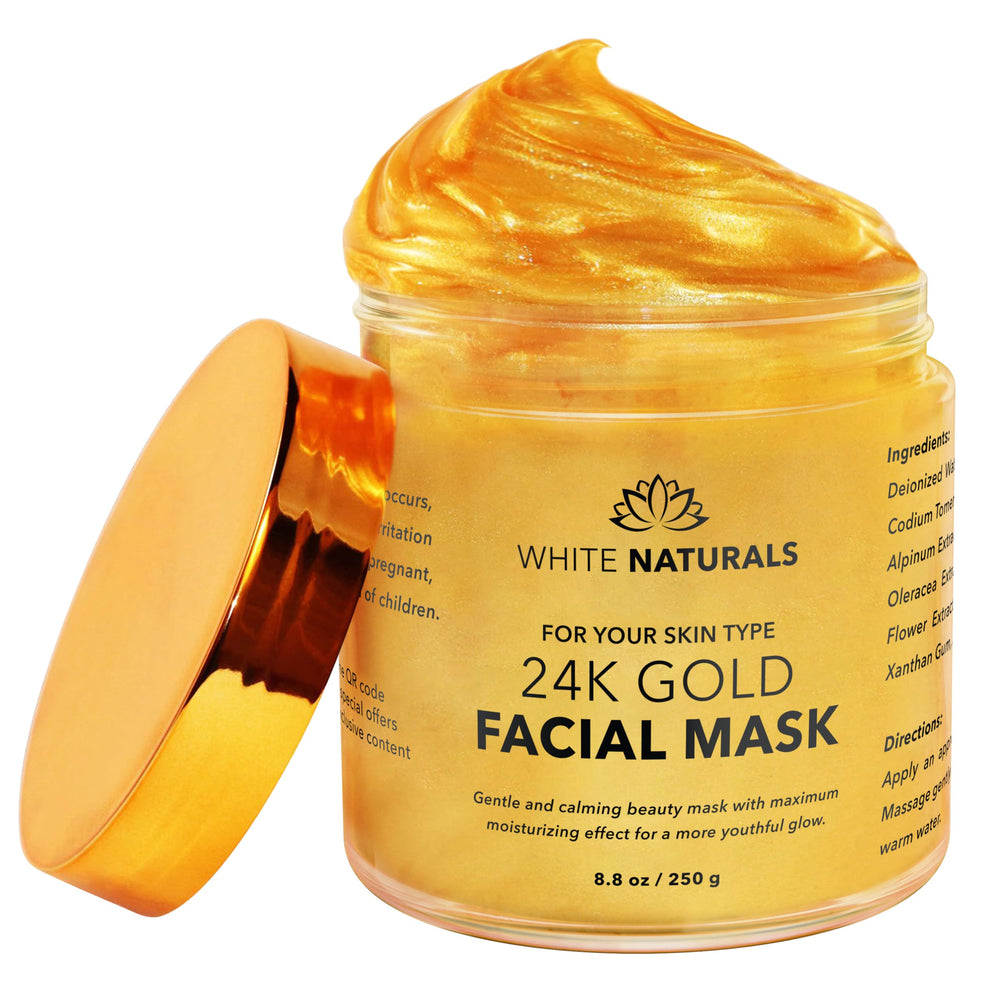 White Naturals 24K oro mascarilla: aplicación suave para ritual de spa en casa.
