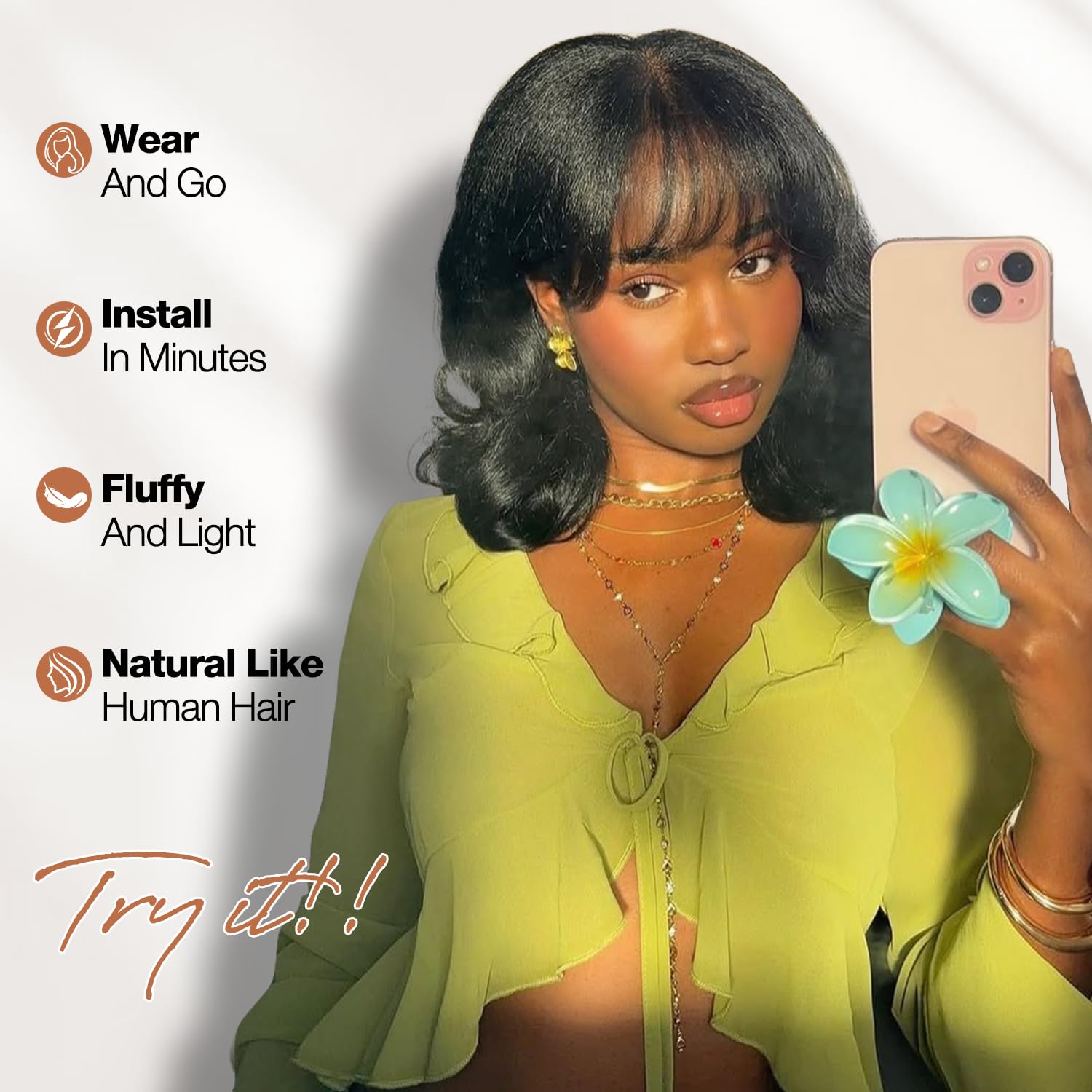WIGER Yaki Texture bob corto negro con clip interno para ajuste seguro