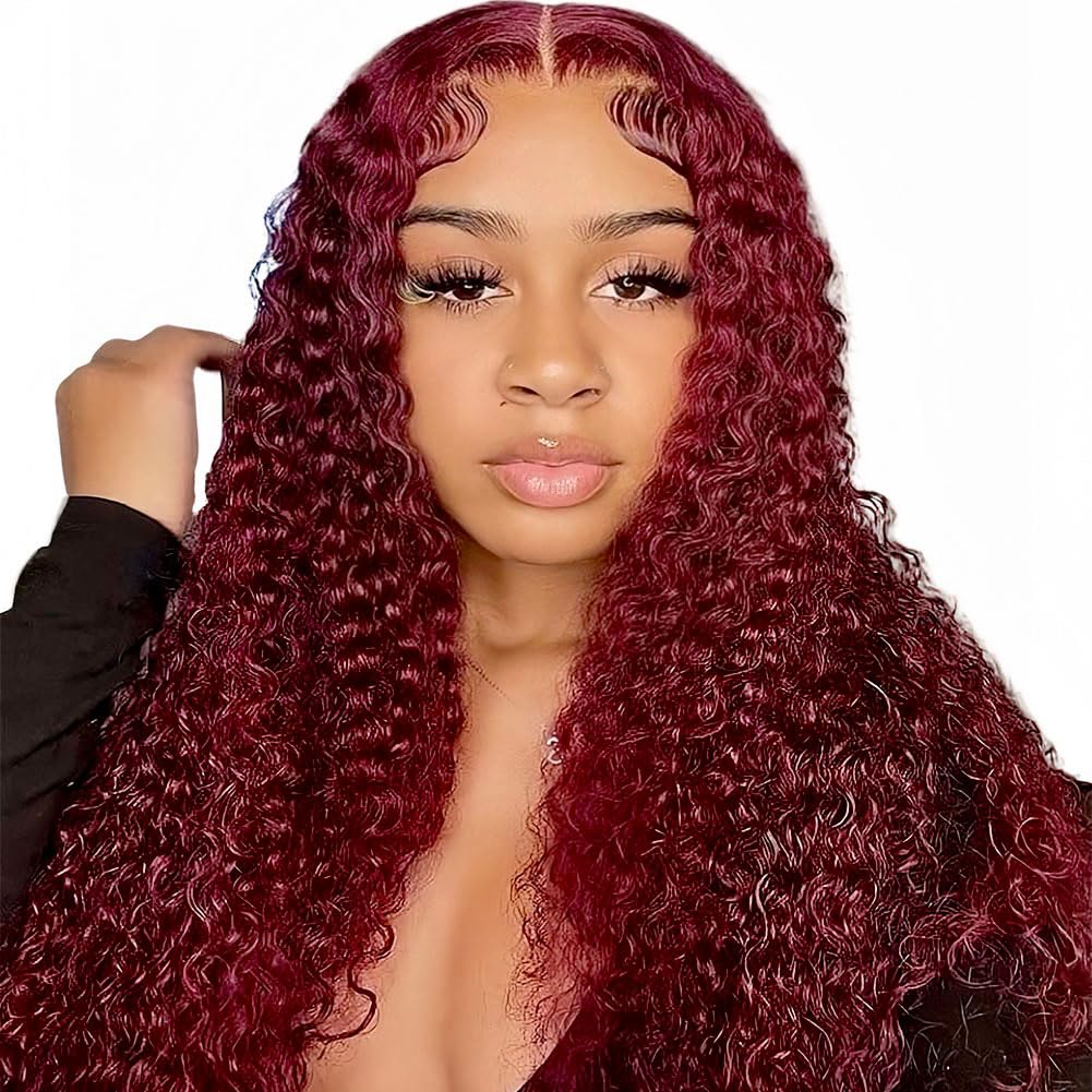 Wighottie 99J burgundy deep wave lace-front wig with natural movement