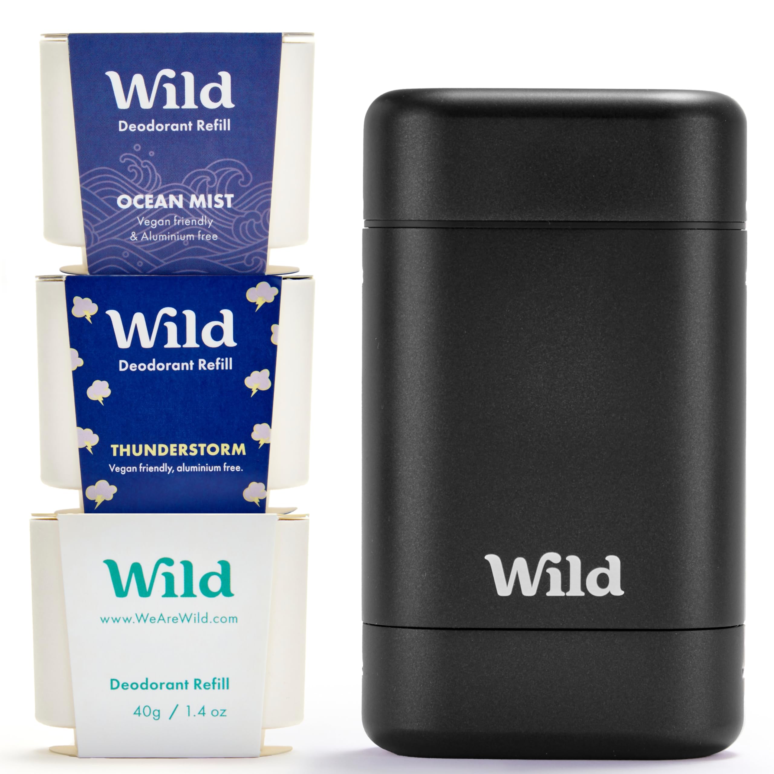 Wild desodorante recargable en estuche negro con algodón fresco y sal marina, uso diario.