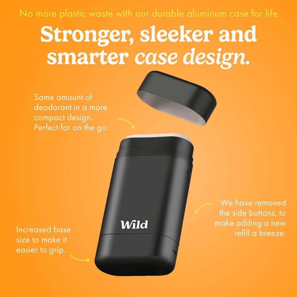 Wild desodorante recargable en estuche negro, recambio de bambú para menos desperdicio.