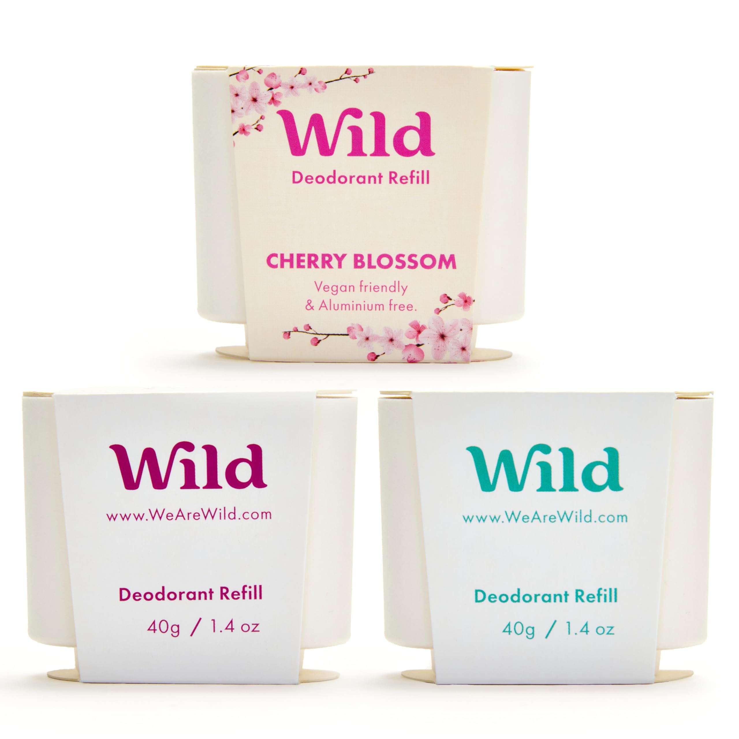 Desodorante Wild recargable en pack de variedad, reduce residuos y facilita reemplazo.