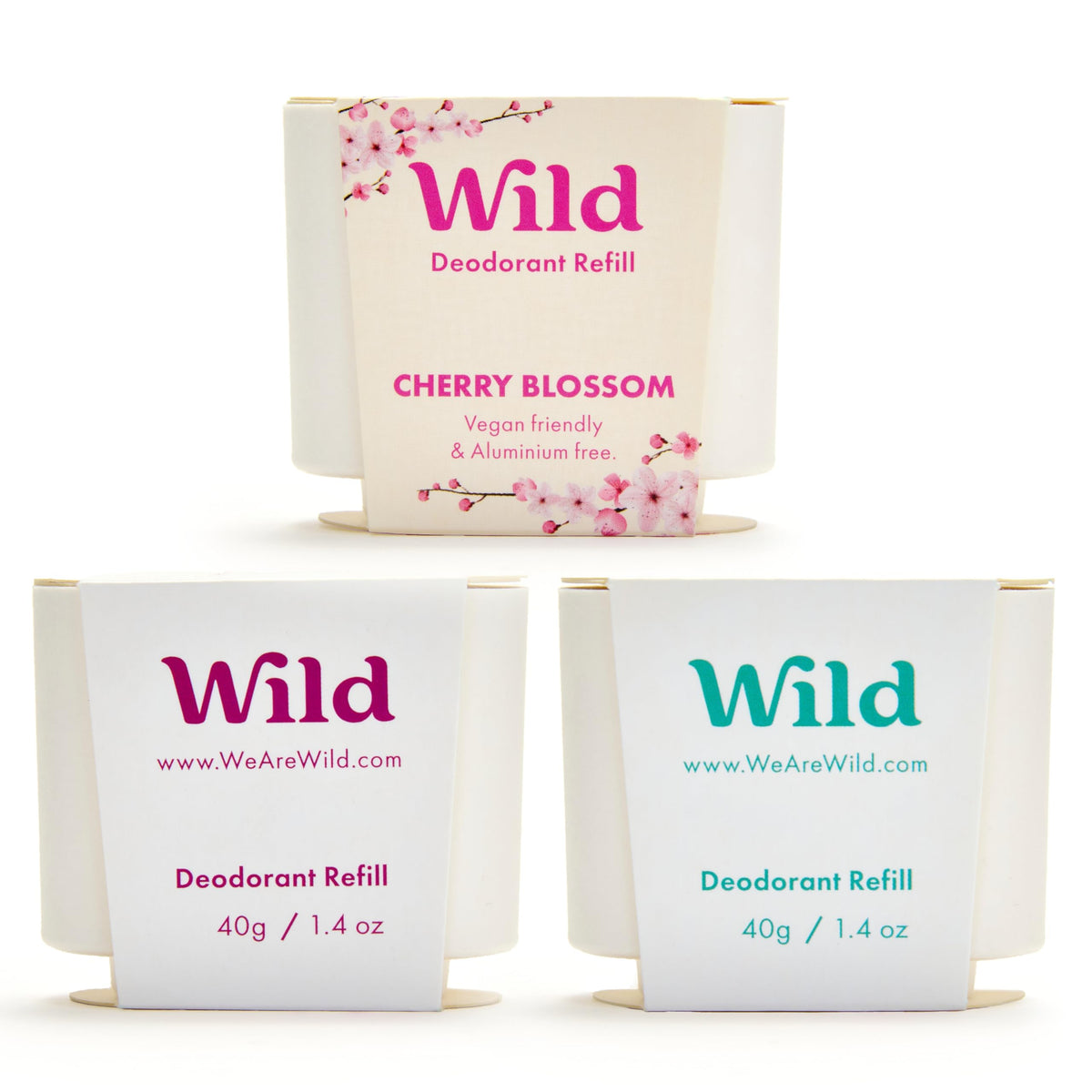 Desodorante Wild recargable en pack de variedad, reduce residuos y facilita reemplazo.