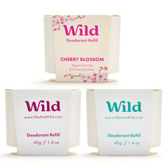 Desodorante Wild recargable en pack de variedad, reduce residuos y facilita reemplazo.