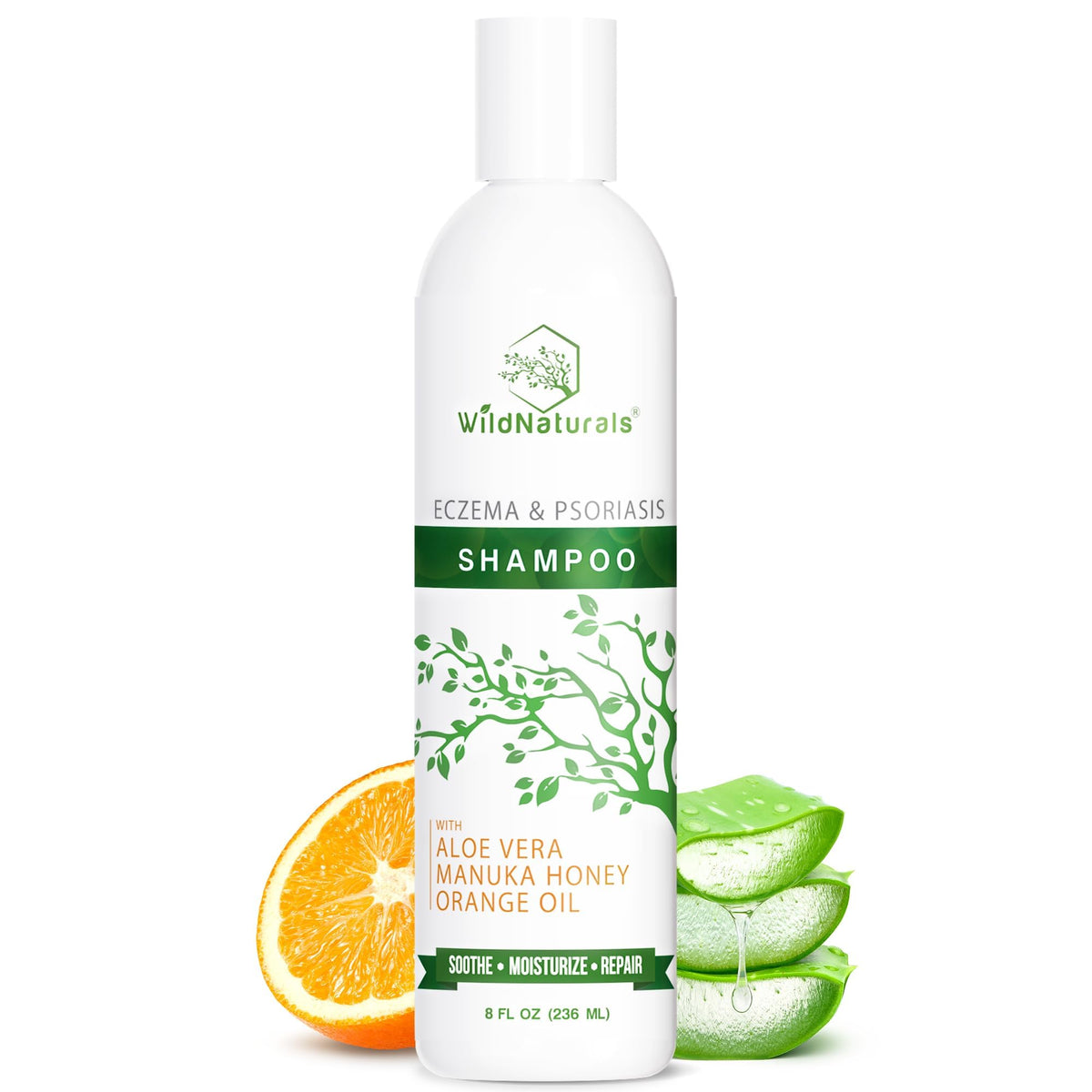Wild Naturals champú eccema psoriasis: botella mostrando fórmula suave para cuero cabelludo sensible