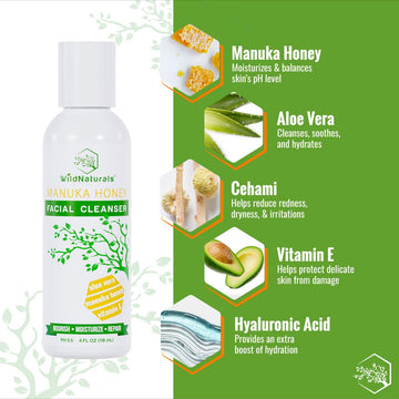 Wild Naturals Gentle Manuka Face Wash, textura cremosa, limpieza suave que no irrita la piel.