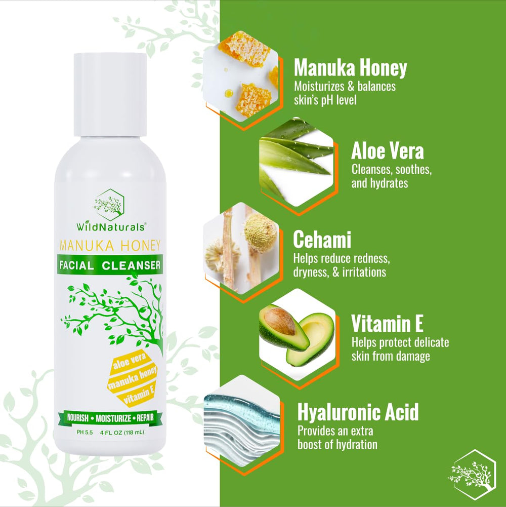 Wild Naturals Gentle Manuka Face Wash, textura cremosa, limpieza suave que no irrita la piel.