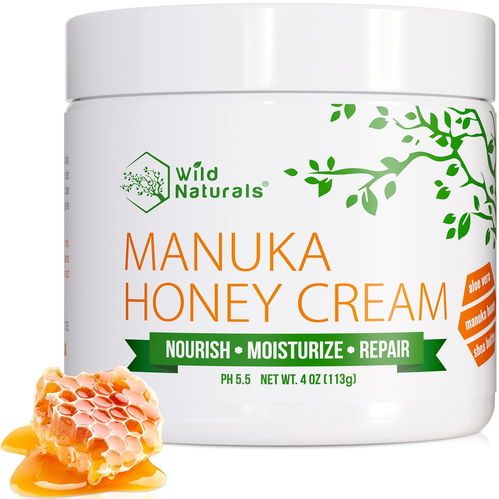 Wild Naturals Crema de Manuka en bote, hidratación profunda para piel seca.