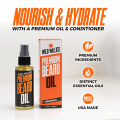 Wild Willies beard oil label closeup shows natural ingredients and purity