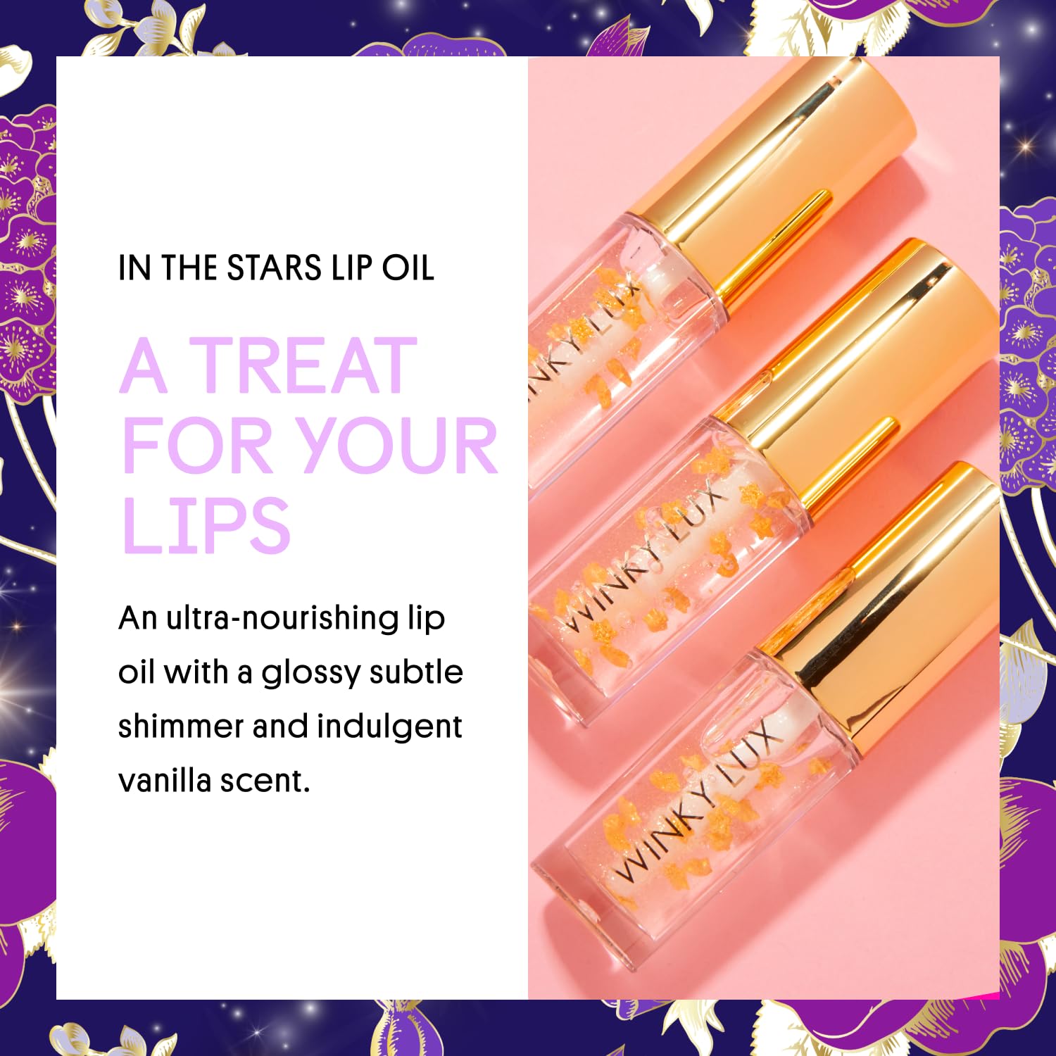Winky Lux In The Stars Lip Oil con estrellas doradas para un look glam.