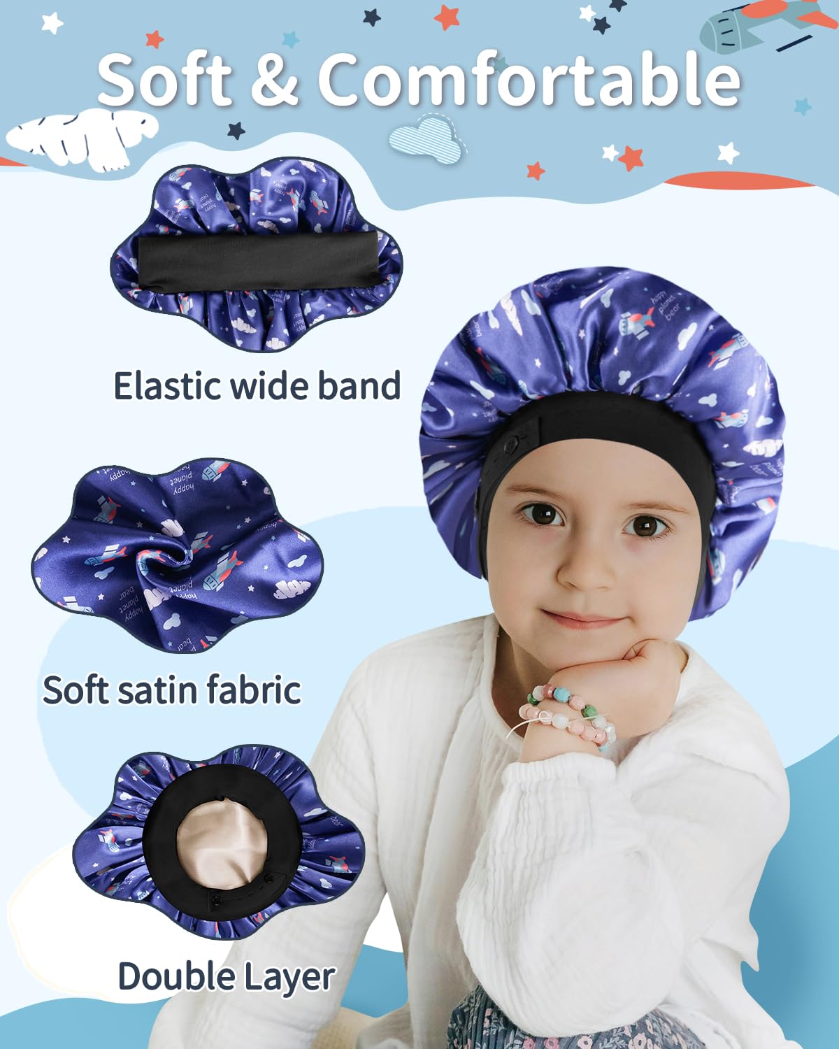 Gorro WINSTECK bonete seda doble capa con cohete azul, patrón divertido para niñas y niños.