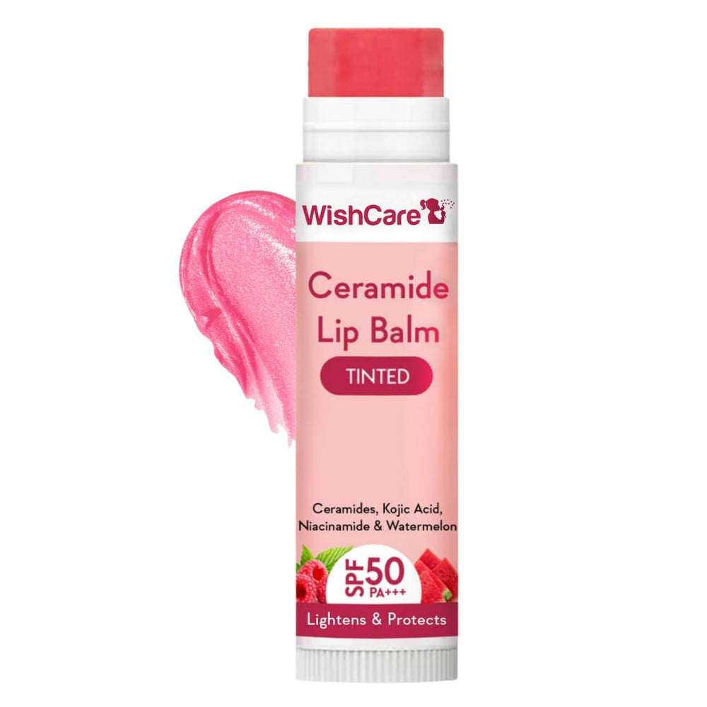 WishCare bálsamo labial tintado con SPF50, realza tono suave y protege los labios diariamente.