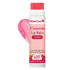 WishCare bálsamo labial tintado con SPF50, realza tono suave y protege los labios diariamente.