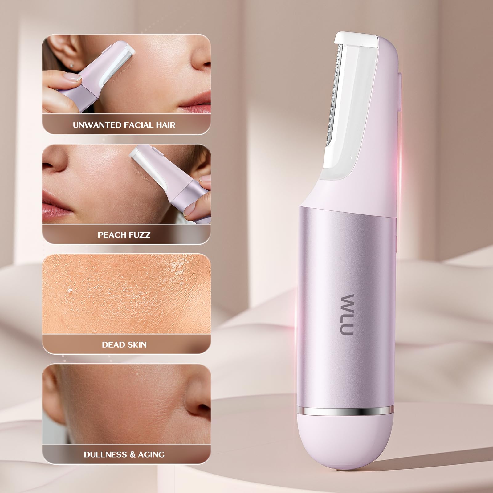 WLU Dermaplane Razor morado detalle de cuchillas reemplazables