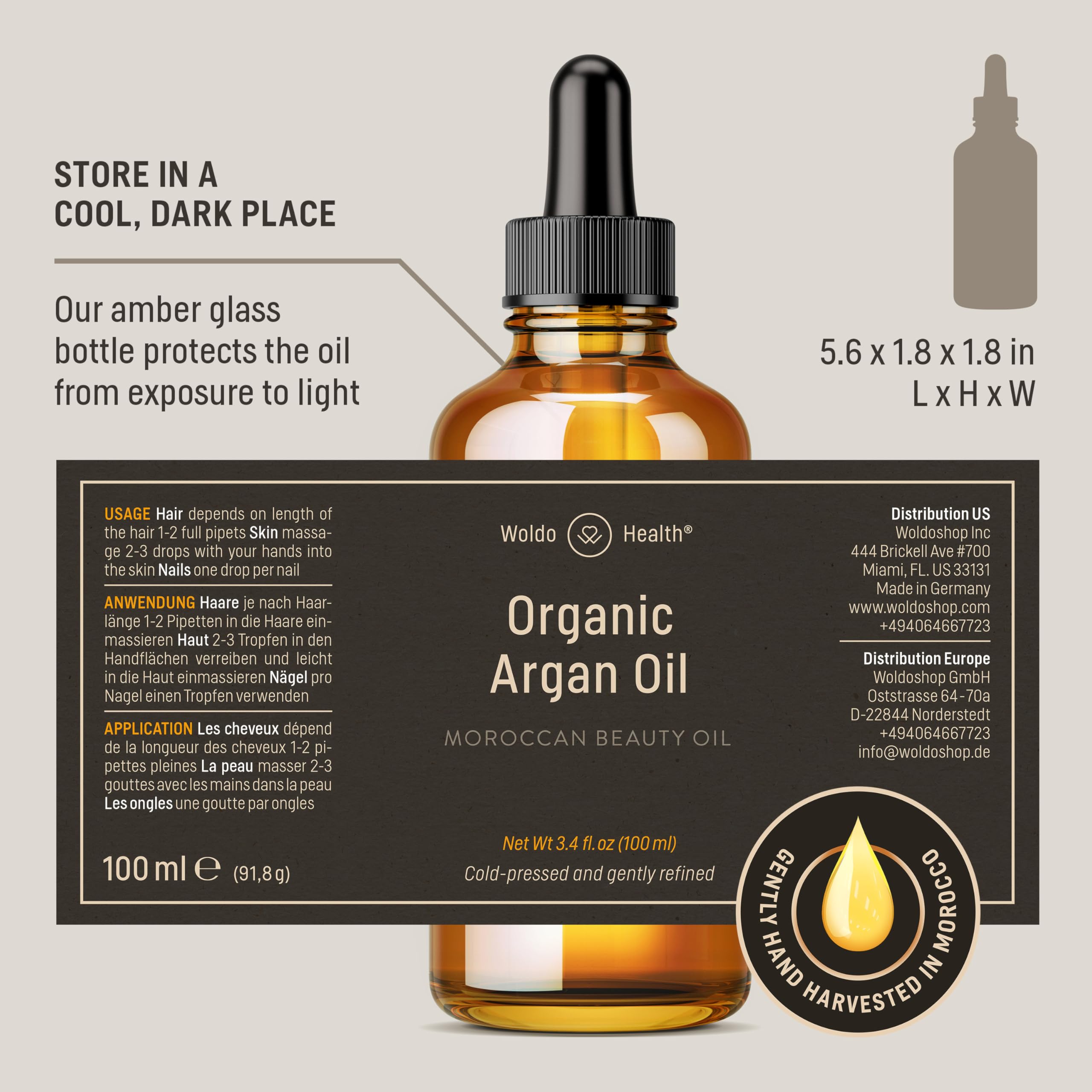 WoldoHealth Aceite de Argán para cuerpo y cuidado de la piel.