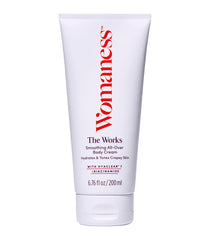 crema corporal tonificante de Womaness The Works en envase, hidratación profunda para piel seca