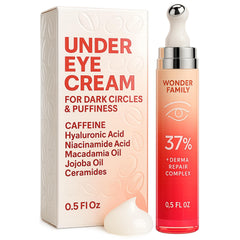 WONDER FAMILY crema de ojos con cafeína sobre la botella, ideal para hinchazón nocturna