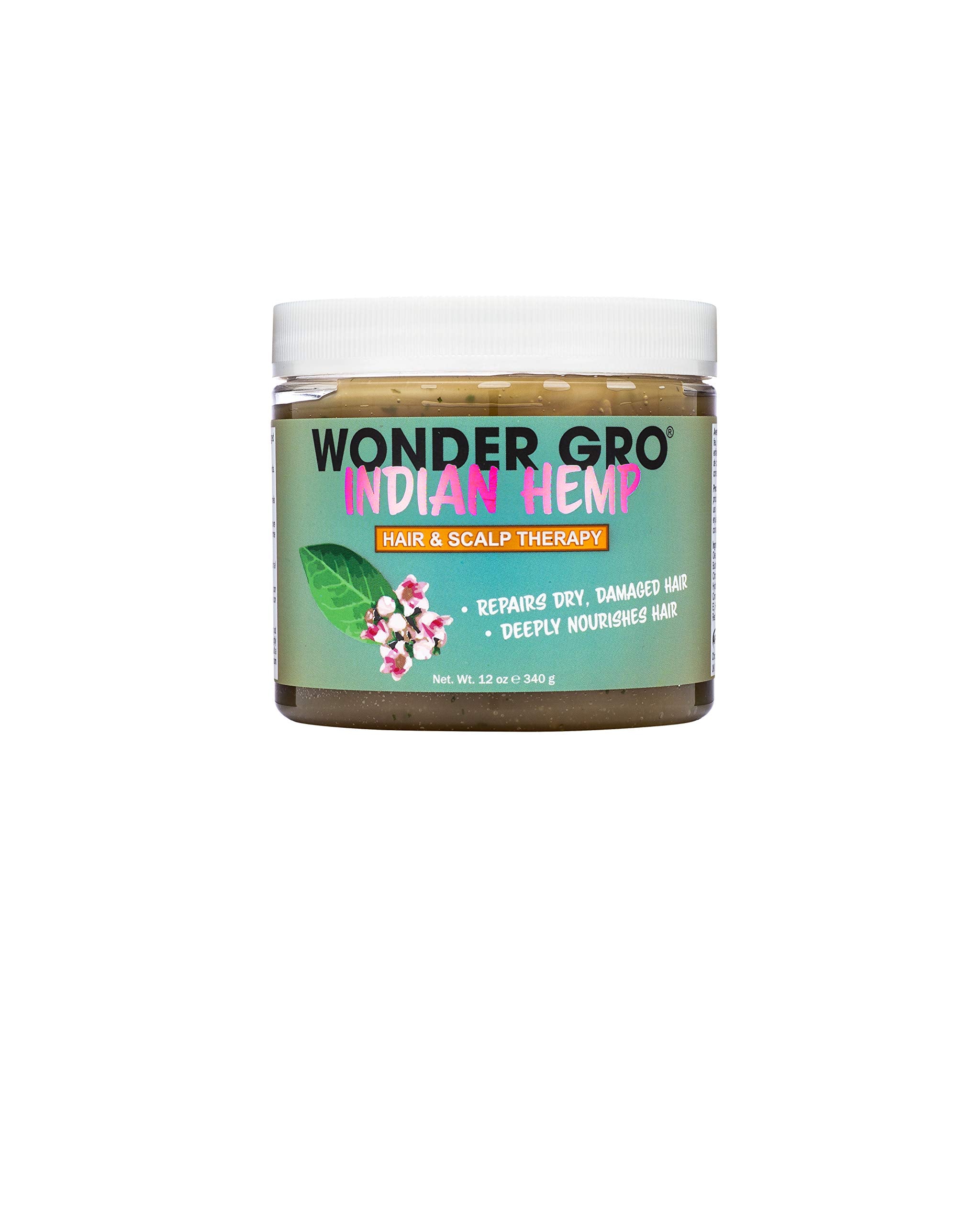 Wonder Gro pomada con cáñamo indio en botella, cuidado capilar nutritivo.
