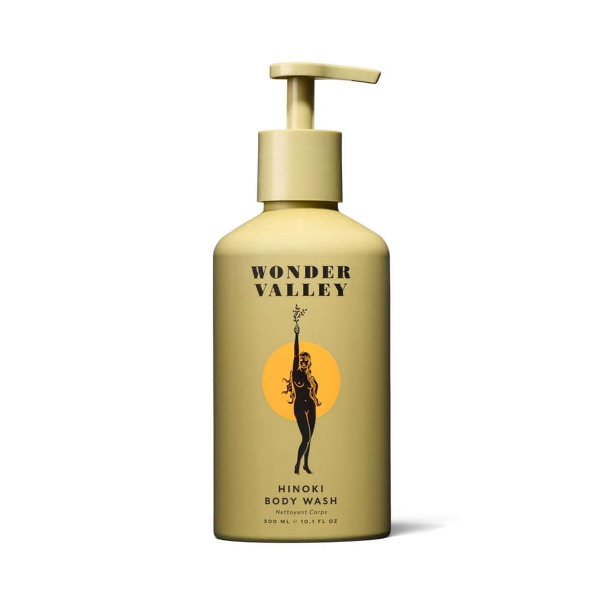 Wonder Valley Hinoki Body Wash bottle on shelf for daily cleansing.