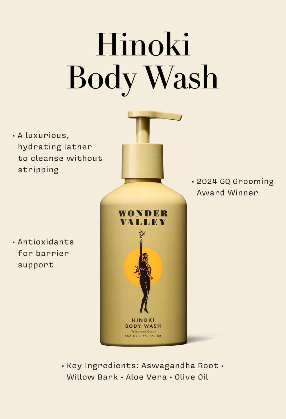 Shower scene with Wonder Valley Hinoki Body Wash in use and calming aroma.