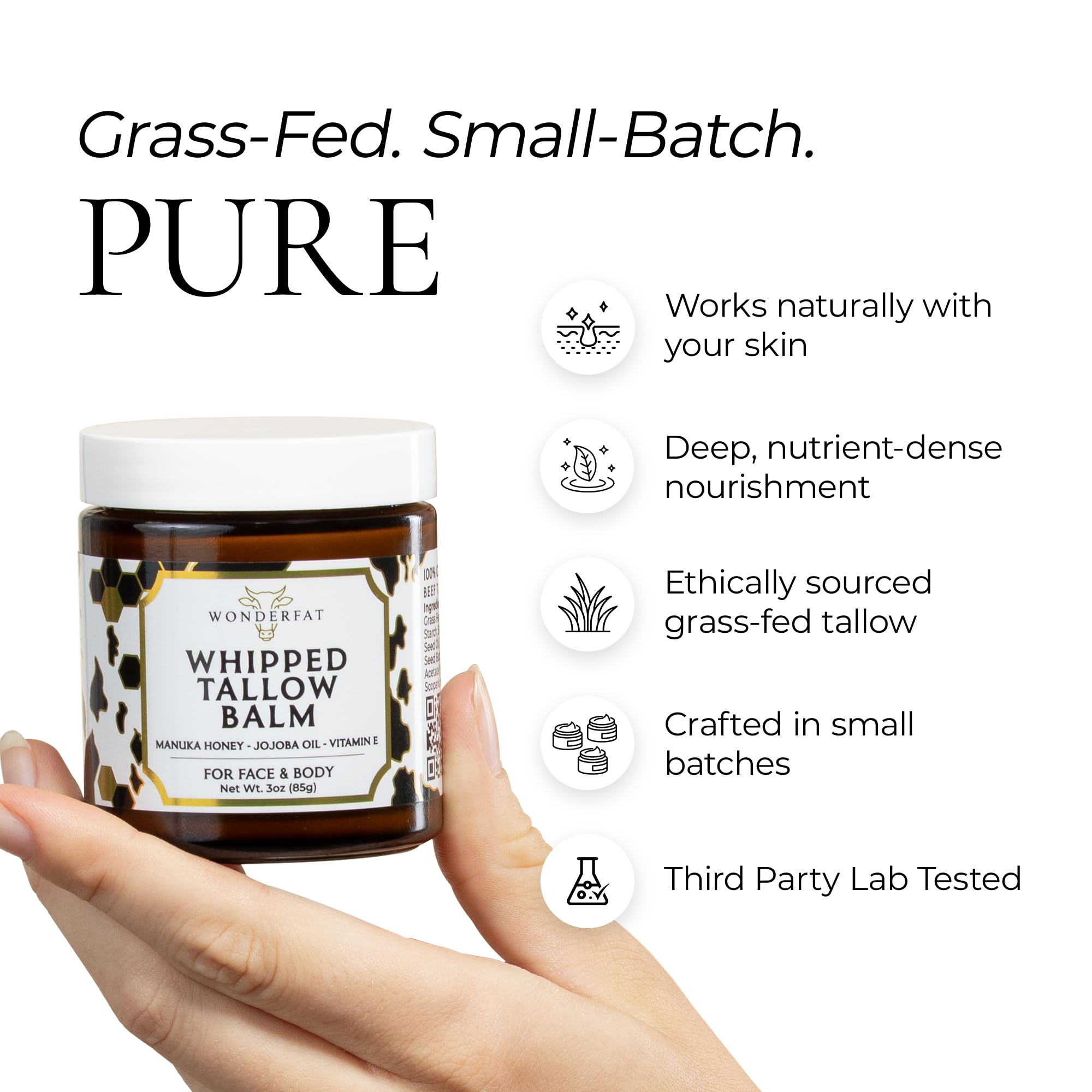 Wonderfat ingrédients propres: graisses nourrissantes et miel Manuka.