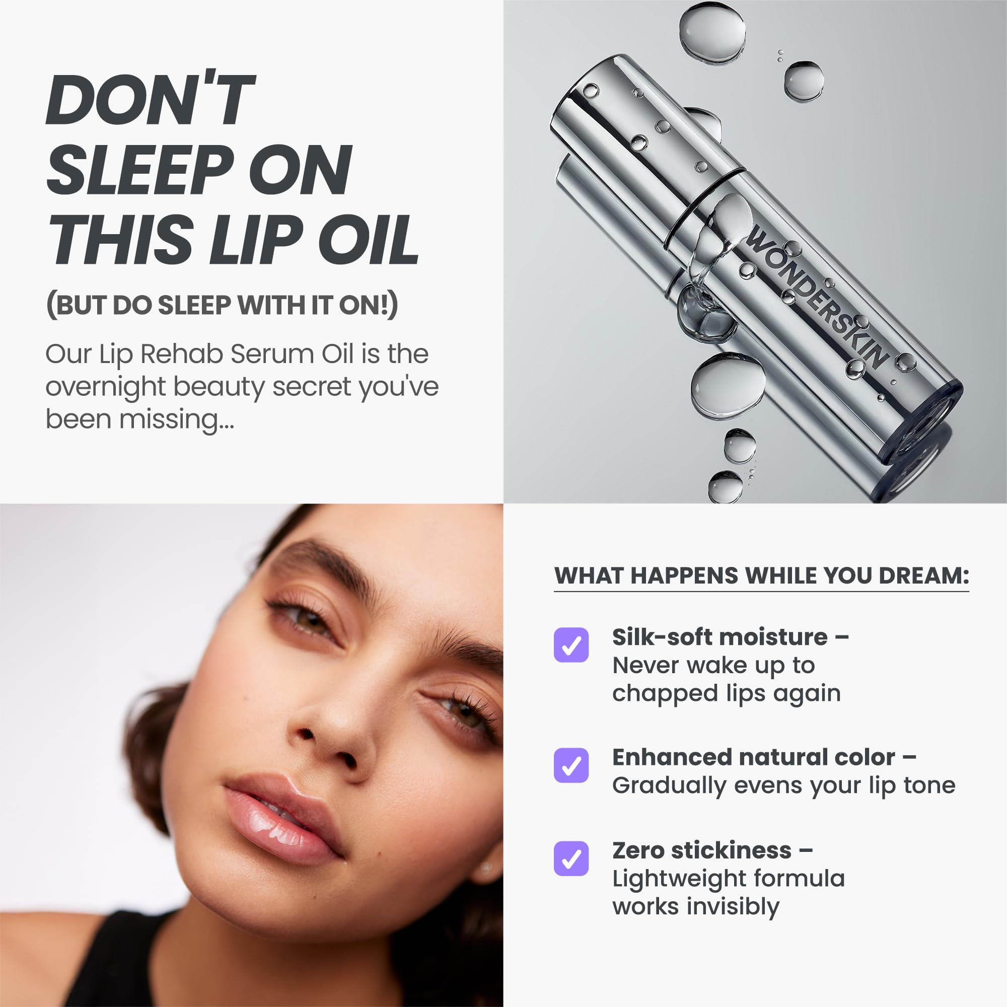 WonderSkin Lip Oil, textura sedosa sin pegar, ideal para uso diario.