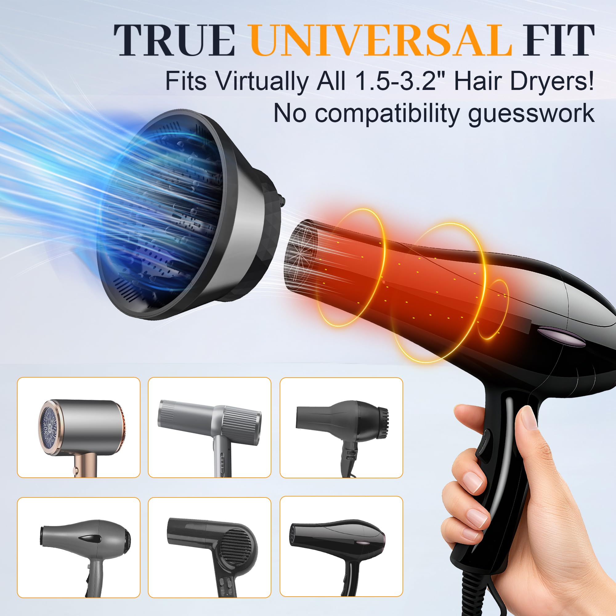 Ajuste universal de 1.5–3.2 pulgadas para secadores, ajuste seguro y sin conjeturas.