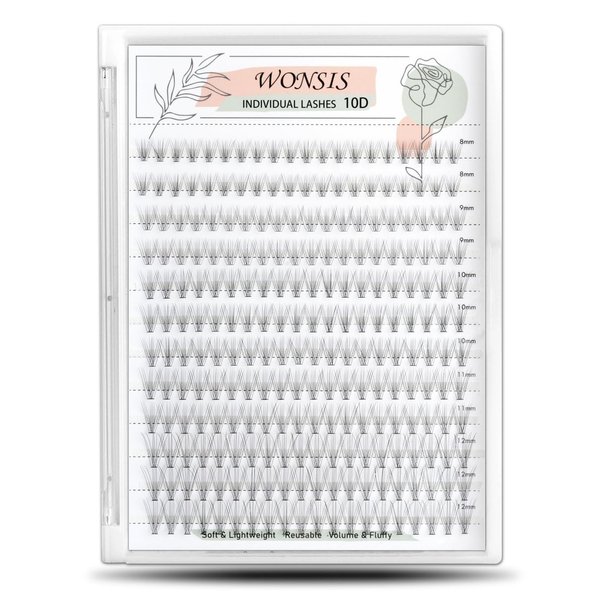 Pestañas individuales WONSIS 10D, 8–12 mm, ligeras para un look natural