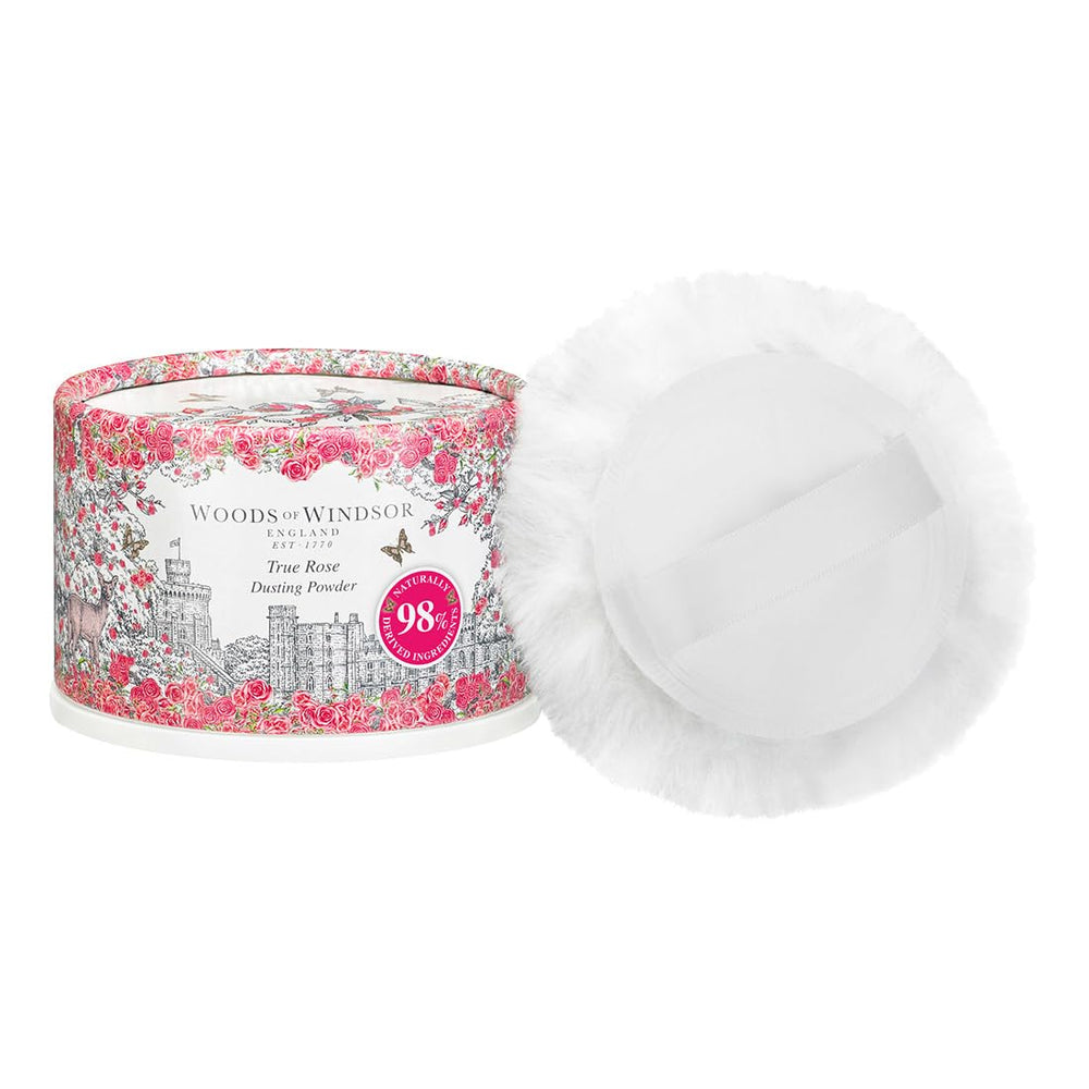 Woods of Windsor Rose talco en frasco, fragancia a rosa para perfumar y refrescar.