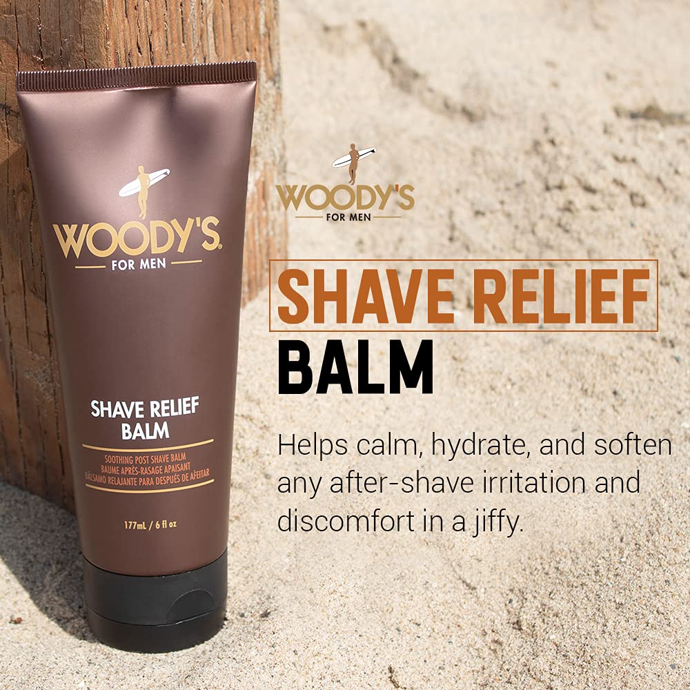 Aplicación suave de Woody's Shave Relief Balm para piel sensible y comodidad diaria