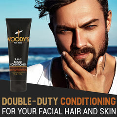 Woodys 2 en 1 para barba, etiqueta visible, aroma cítrico.