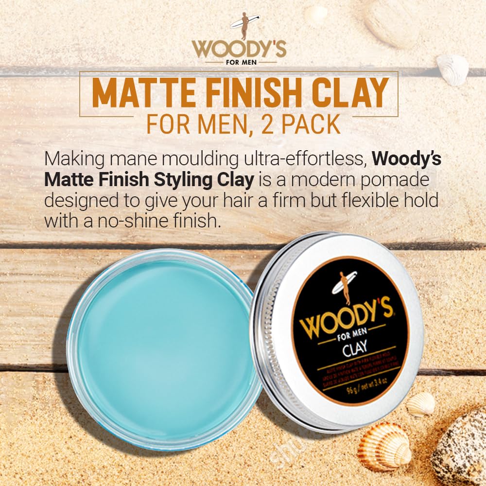Woodys arcilla para cabello, fijación firme y flexible.