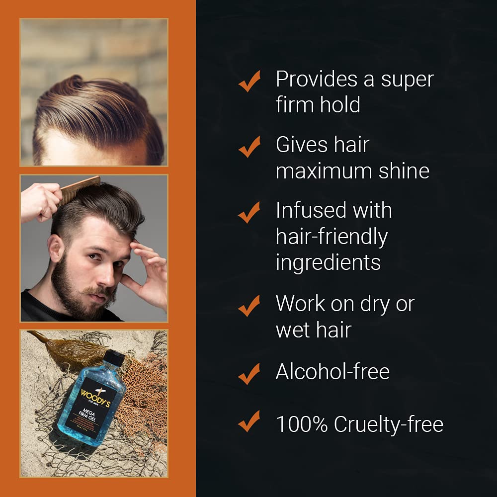 Fijación fuerte de Woodys Mega Firm Gel para estilos estructurados.