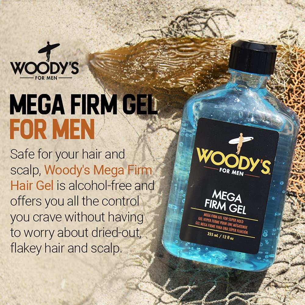Textura densa y brillo natural de Woodys Mega Firm Gel para el cabello.