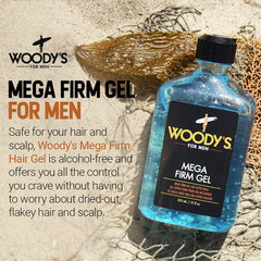Textura densa y brillo natural de Woodys Mega Firm Gel para el cabello.