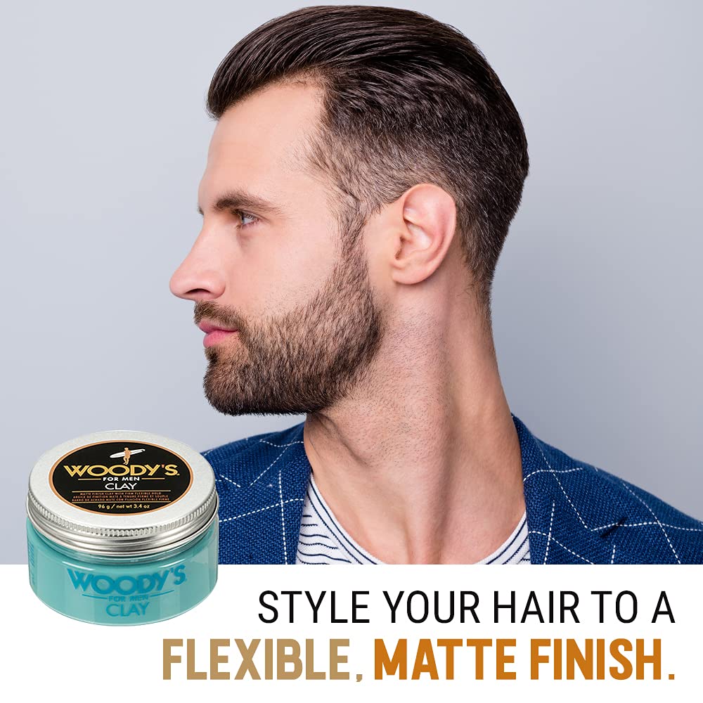 Aplicación fácil de Woody's Hair Clay para peinados rápidos
