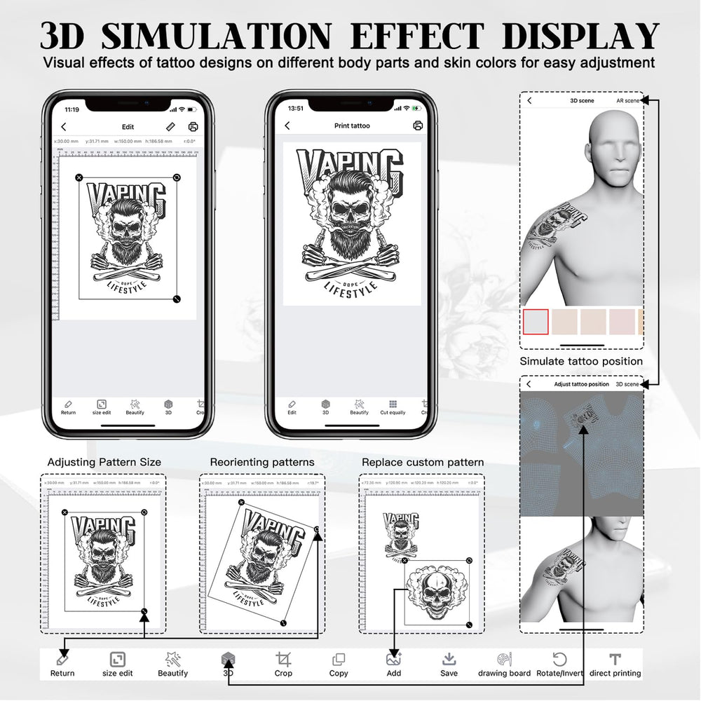 Wormhole Tattoo Stencil Printer admite formato A4 para mayor flexibilidad.