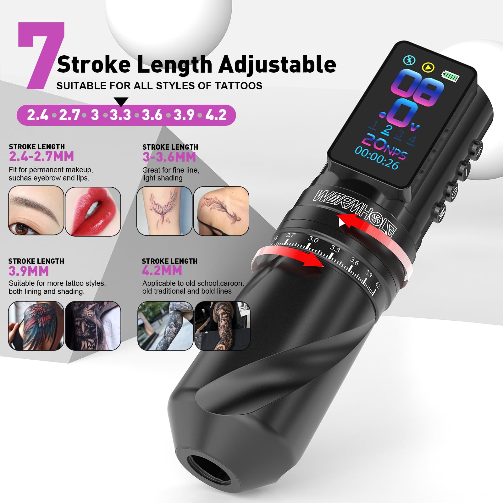 Wormhole Tattoo Gun Kit permite rango de voltaje de 4 a 12V para mayor control.