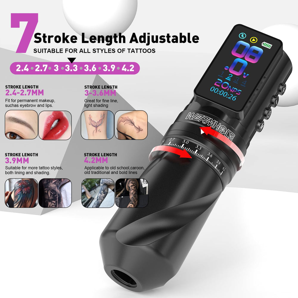 Wormhole Tattoo Gun Kit permite rango de voltaje de 4 a 12V para mayor control.