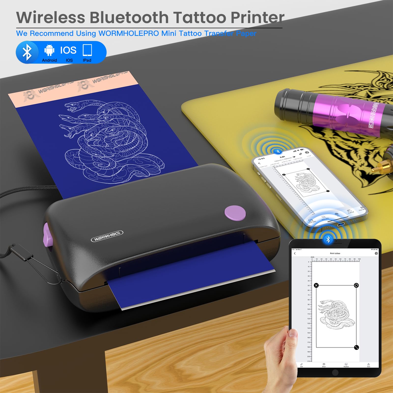 Wormhole Tattoo Stencil Printer con batería integrada para sesiones sin cables