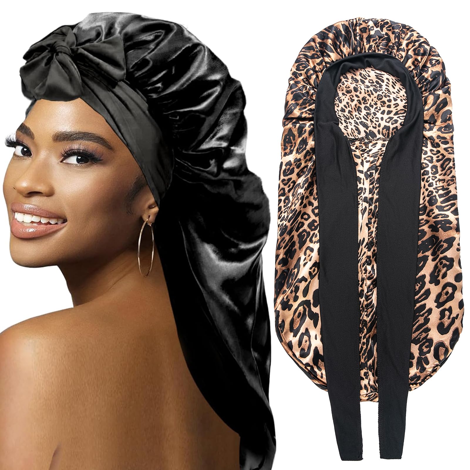 Bonete satinado negro WOZUTUNT para trenzas, cobertura nocturna suave que protege el cabello.
