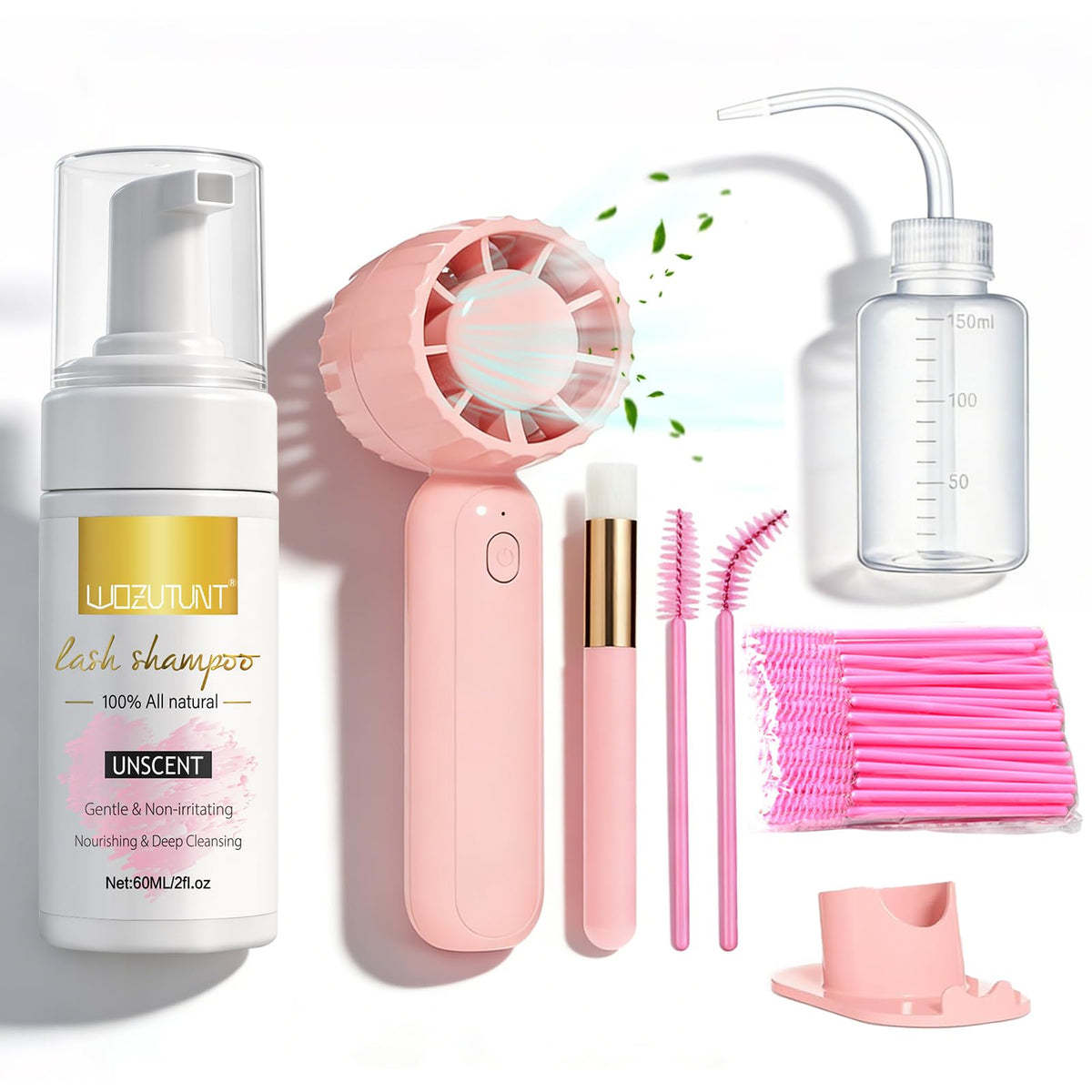 WOZUTUNT limpiador de pestañas con kit y botella, limpieza suave y segura para extensiones.