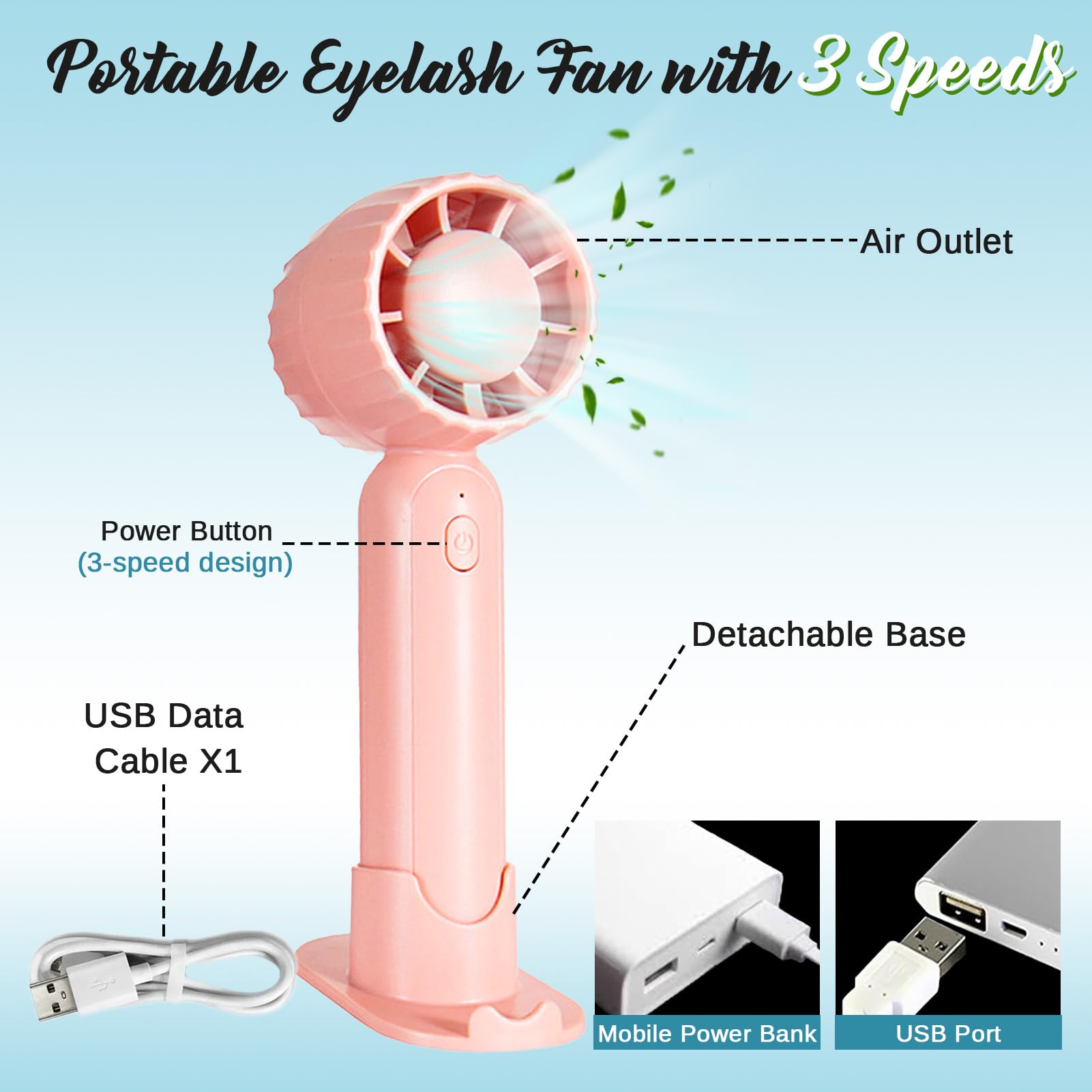 WOZUTUNT ventilador portátil recargable, tamaño compacto para usar en casa o viaje.